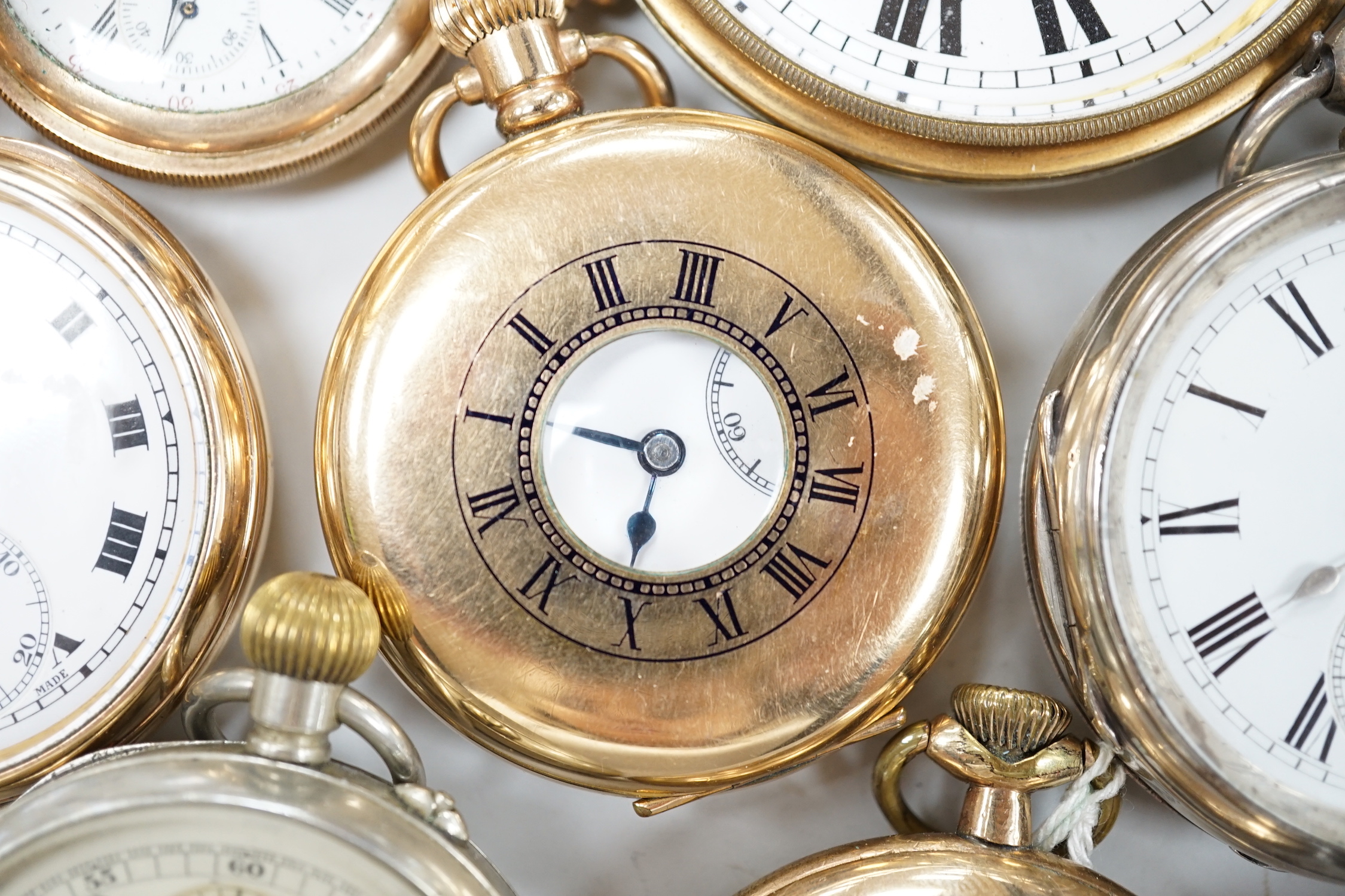 Thirteen assorted silver and mainly base metal pocket watches including half hunter and calendar moonphase.